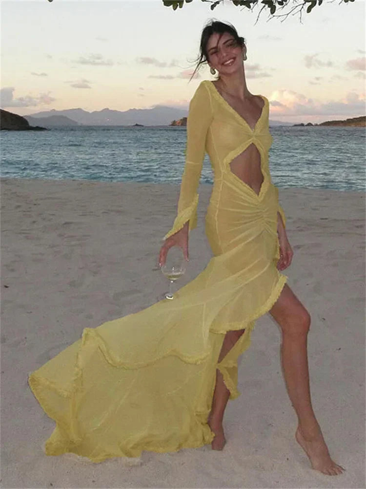 Sheer Hollow Ruffle Lace Maxi Dress - View 3