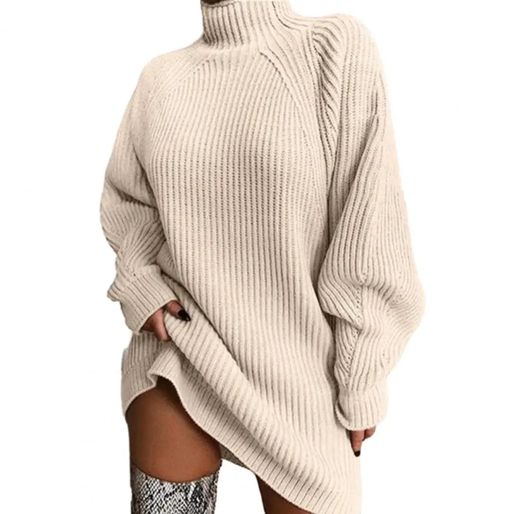 Turtleneck Long Sleeve Ribbed Sweater Dress