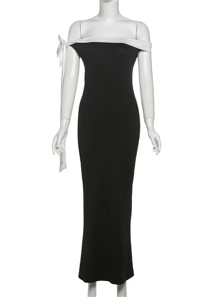Contrast Trim Off Shoulder Bow Sash Bodycon Midi Dress 7