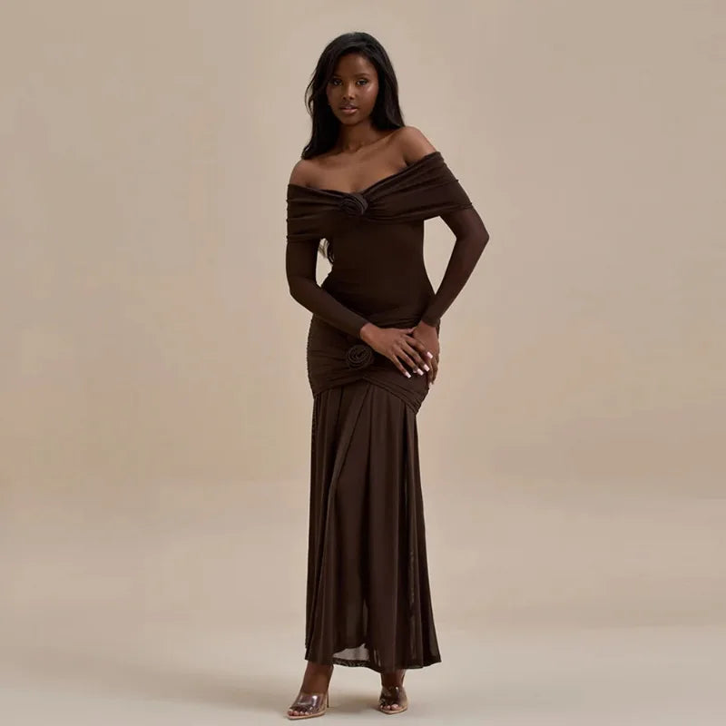 Off Shoulder Long Sleeve Rosette Mermaid Gown