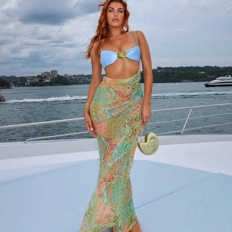 Bustier Rhinestone Brooch Cut Out Paisley Print Spaghetti Strap Maxi Dress
