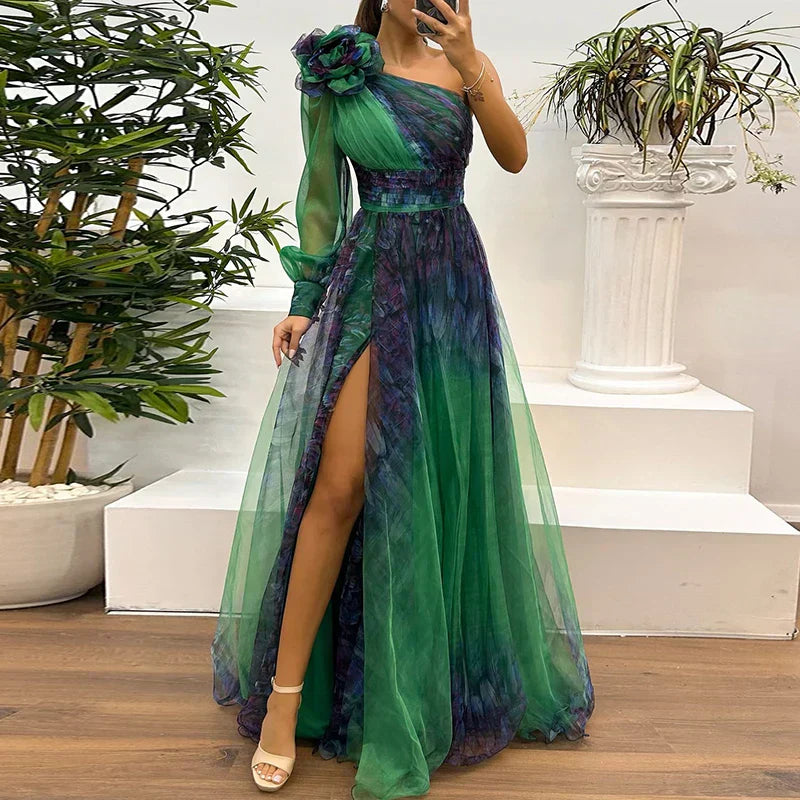 Judith - Trendy One Shoulder Mesh Print Maxi Dress Dark Green