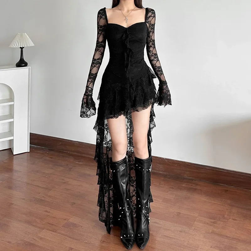 Lace Square Neck Flare Sleeve Ruffle High Low Dress 3