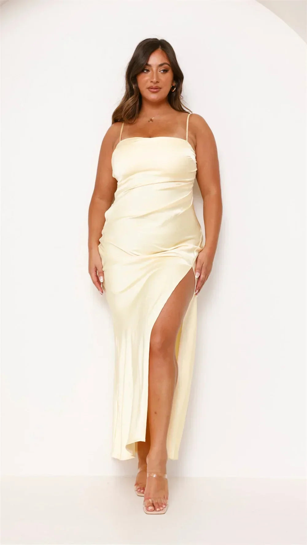 Spaghetti Strap Square Neck Ruched High Split Slip Maxi Dress
