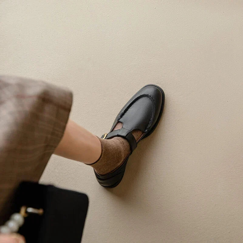 Round Toe T-Strap Buckle Mary Jane Flats