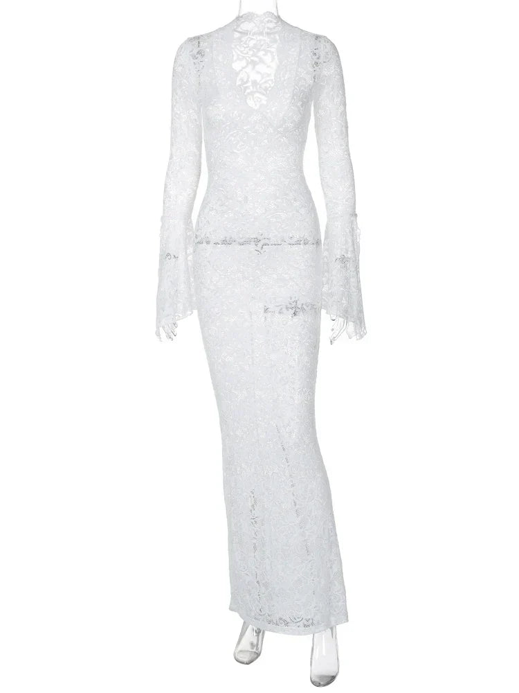 Floral Mesh Flare Sleeve Maxi Dress - View 3
