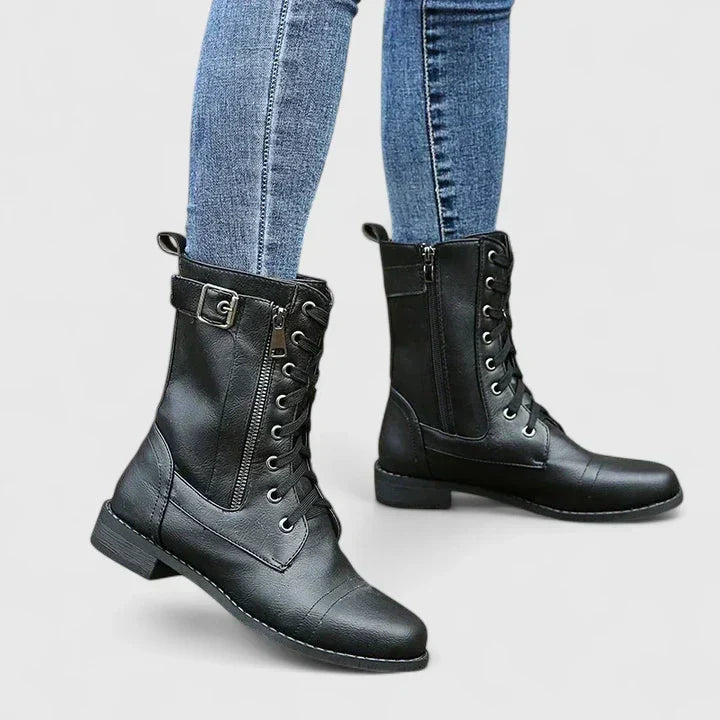 Lace Up Side Zip Mid Calf Combat Boots