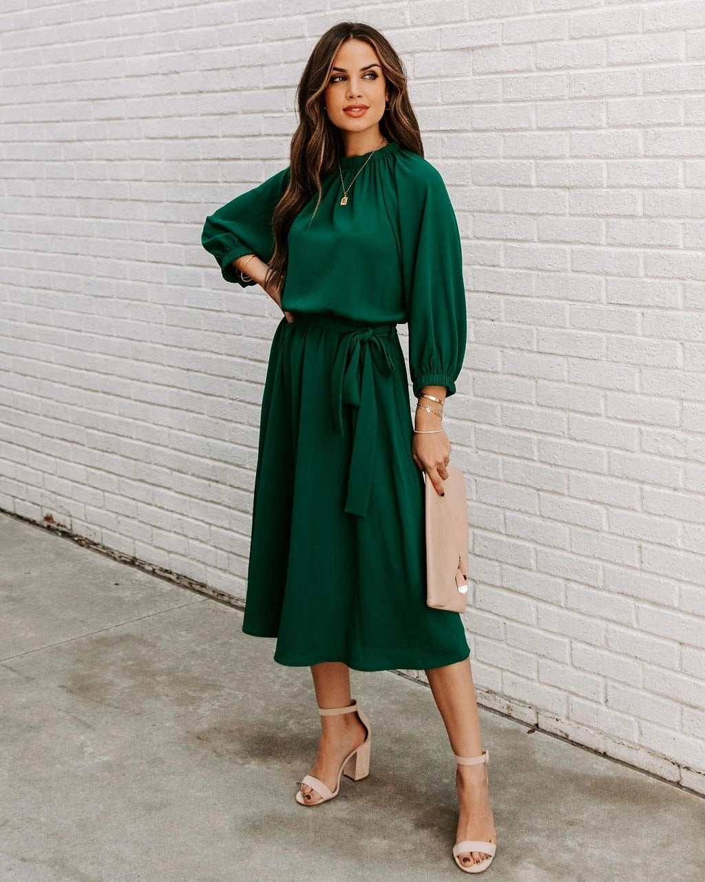 Mock Neck Long Sleeve Belted A-Line Midi Dress