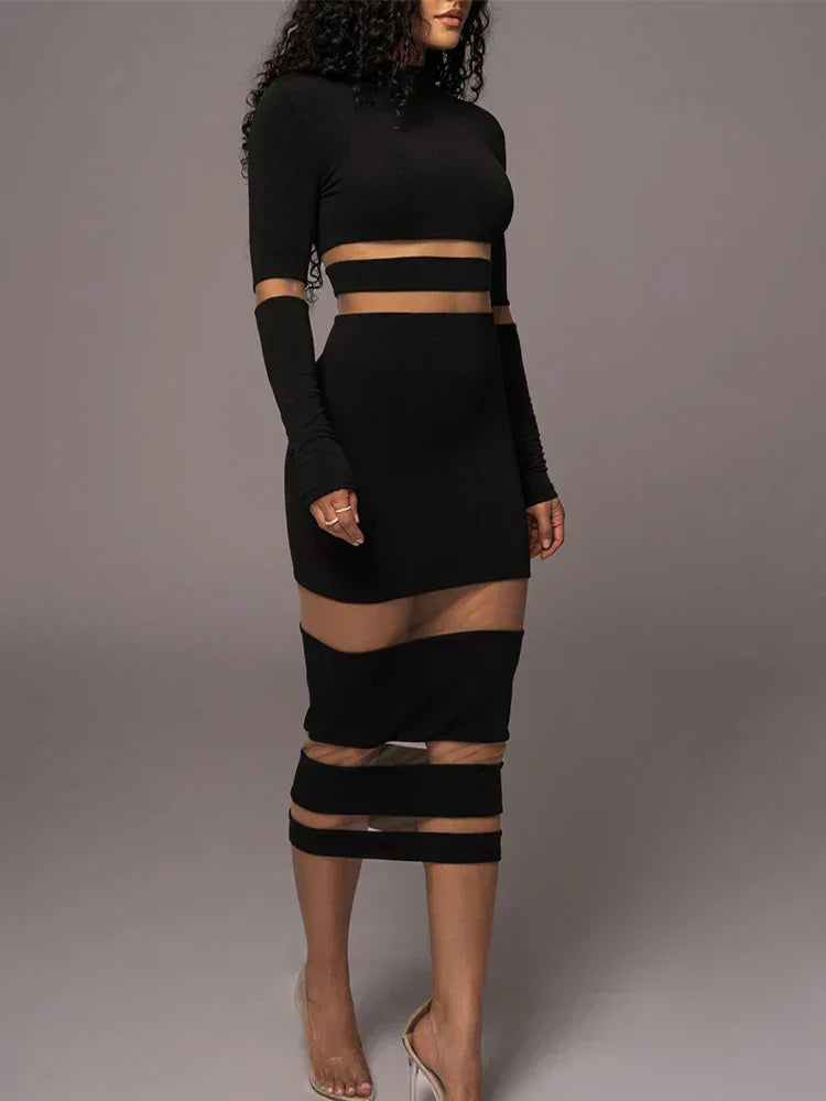 Mesh Panel Mock Neck Elbow Cut Out Long Sleeve Bodycon Midi Dress