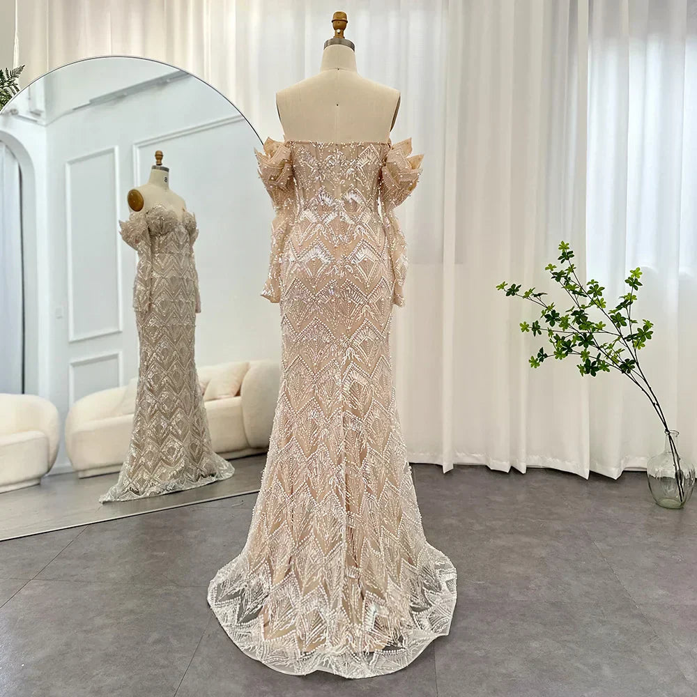 Beaded Off Shoulder Long Sleeve Mermaid Maxi Gown