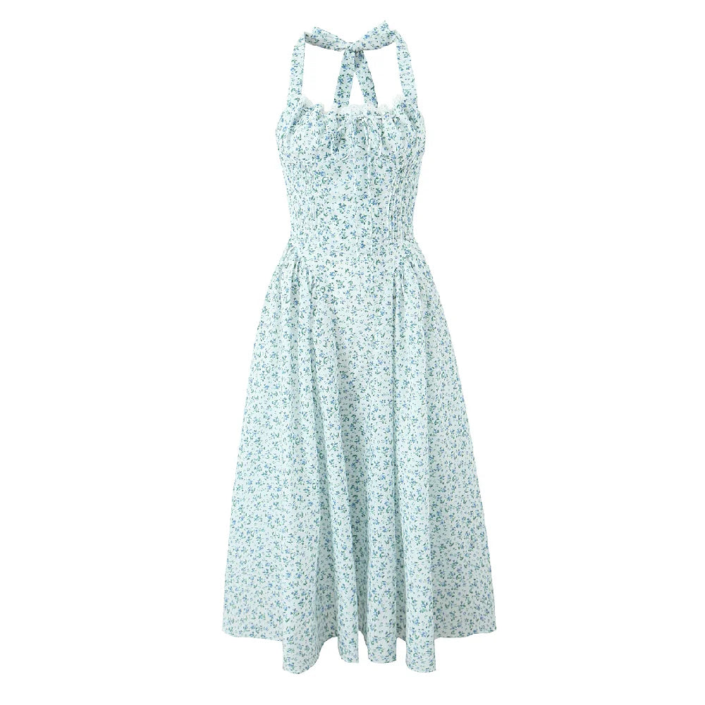 Floral Halter Neck Bow Fit and Flare Midi Dress