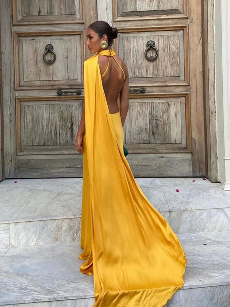 Satin Halter Neck Asymmetric Draped Sash Floor Length Gown