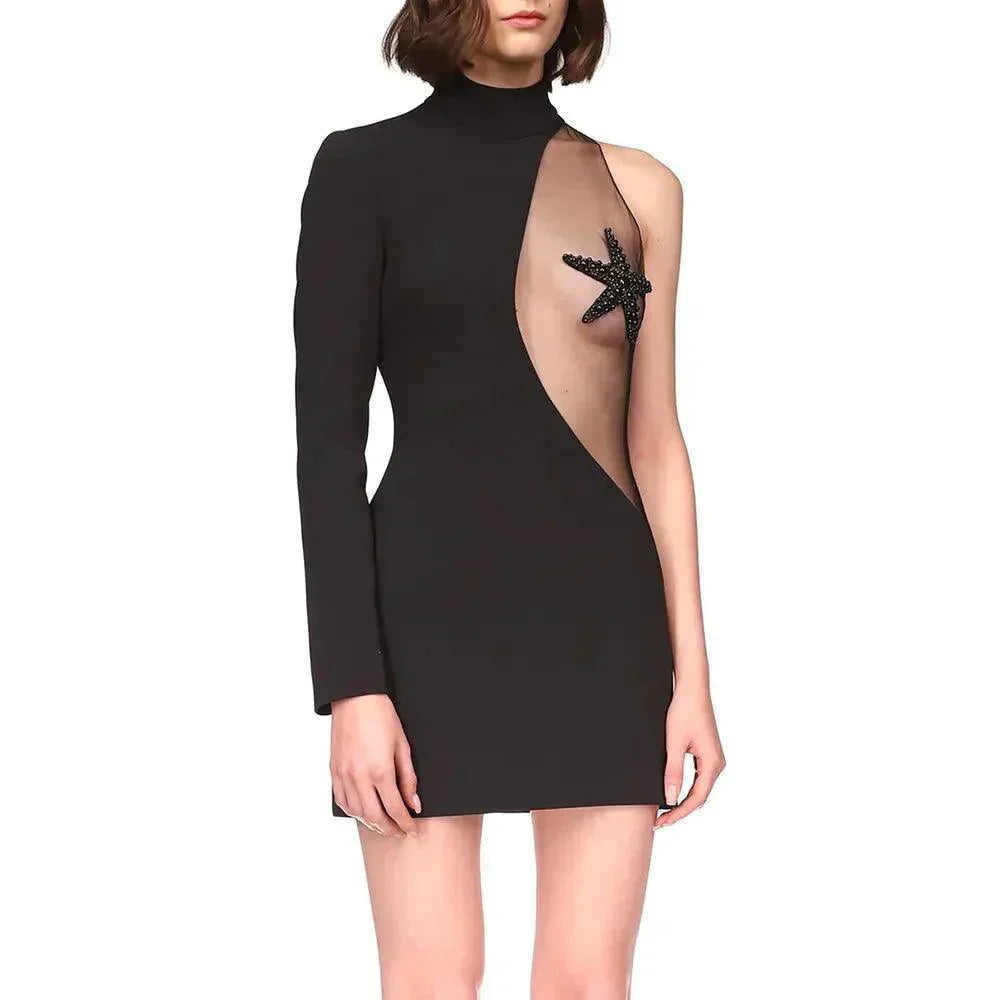 One Shoulder Long Sleeve Starfish Mesh Panel Bodycon Mini Dress