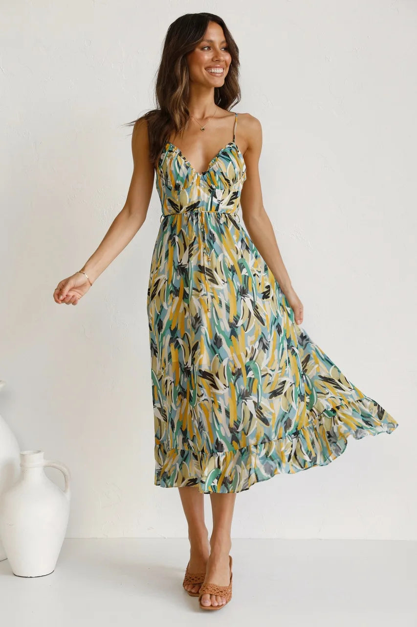 Abstract Print Spaghetti Strap V-Neck Midi Dress