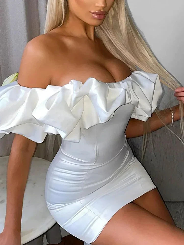 Off Shoulder Ruffle Puff Band Strapless Bodycon Mini Dress