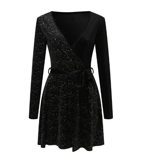 Velvet Sparkle Wrap V-Neck Long Sleeve Tie Waist Mini Dress 2