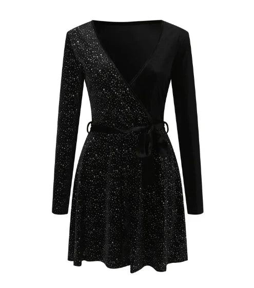 Glitter Velvet V-Neck Long Sleeve Tie Waist Fit and Flare Mini Dress 2