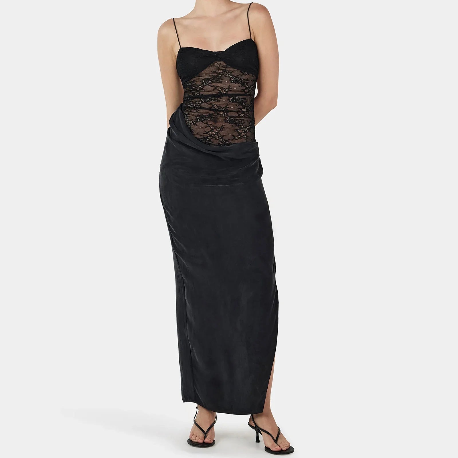 Lace Sweetheart Spaghetti Strap Sheer High Split Slip Maxi Dress