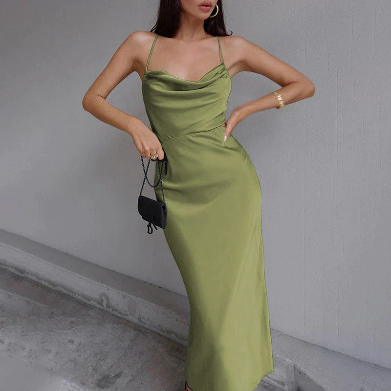 Satin Cowl Neck Spaghetti Strap Cut Out Bodycon Maxi Dress