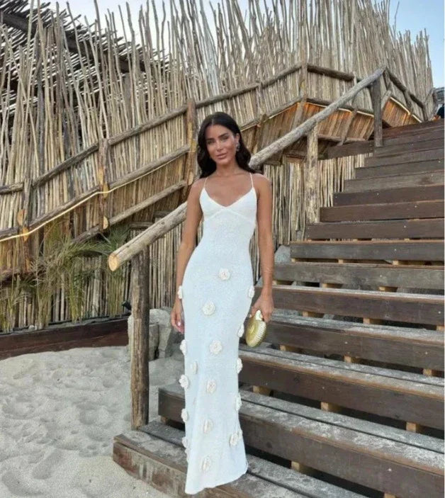 Knit V-Neck Spaghetti Strap Floral Applique Mermaid Maxi Dress