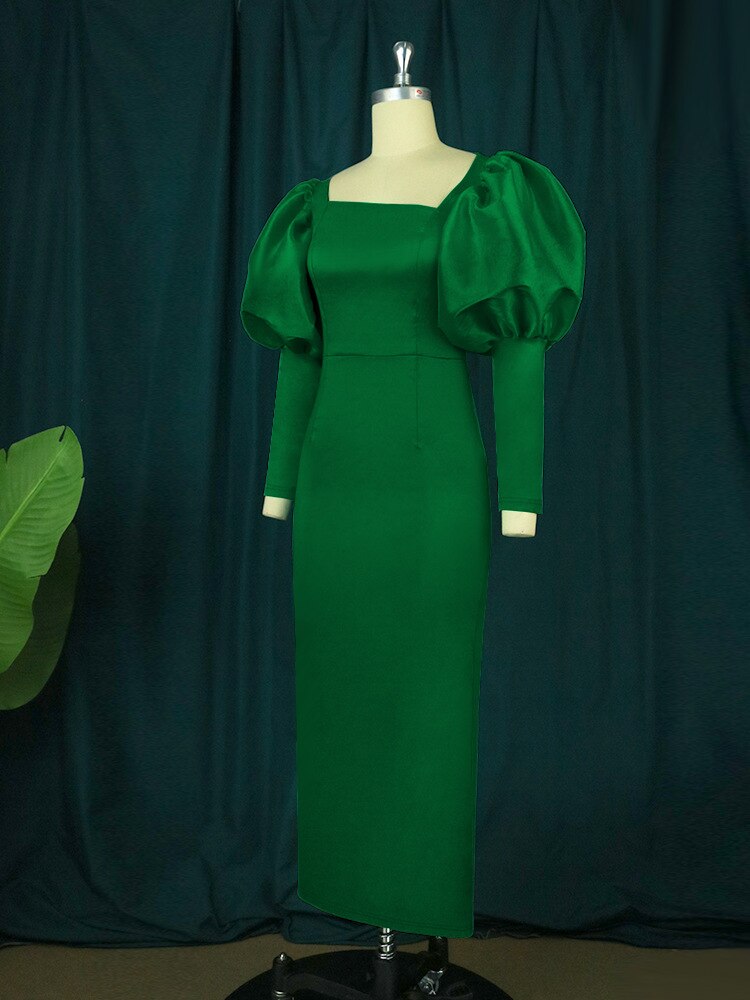 Satin Square Neck Puff Sleeve Bodycon Maxi Dress
