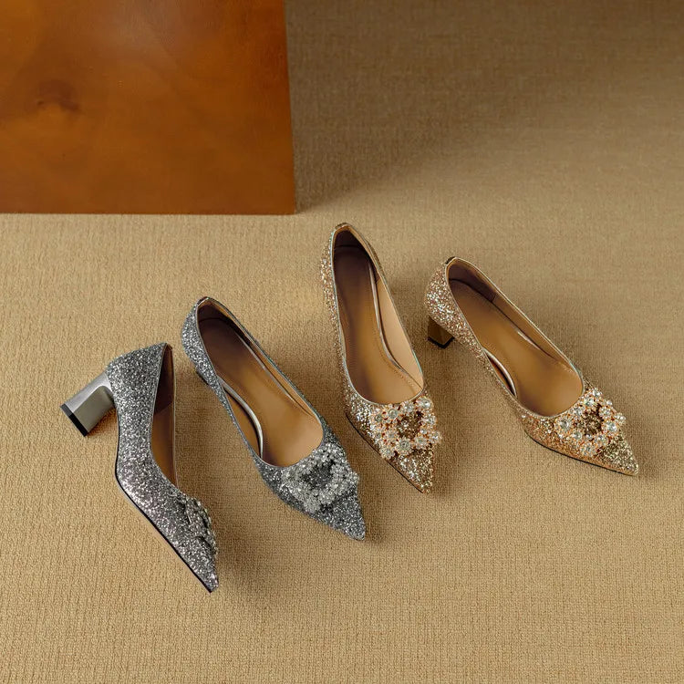 Pointed Toe Glitter Rhinestone Buckle Block Heel Pumps