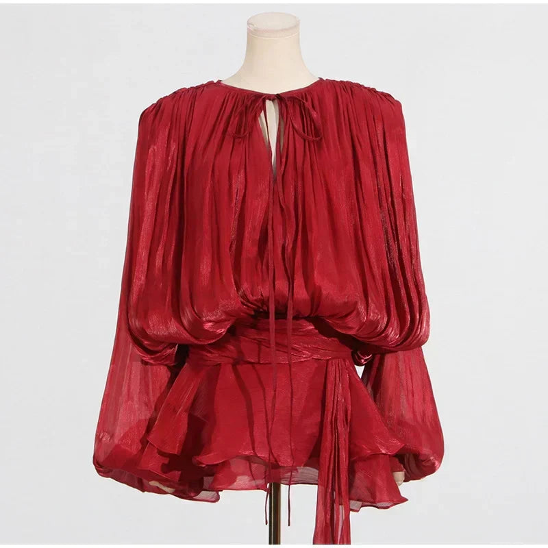 Pleated Chiffon Tie Neck Lantern Sleeve Sash Waist Ruffle Mini Dress 8