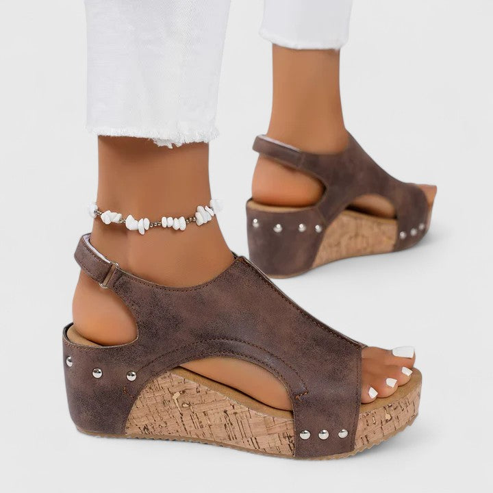 Open Toe Cut Out Ankle Strap Cork Wedge Sandals