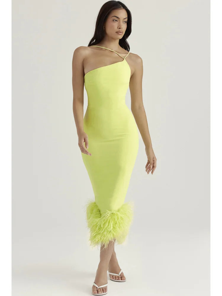 Elegant Spaghetti Strap Feather Midi Dress
