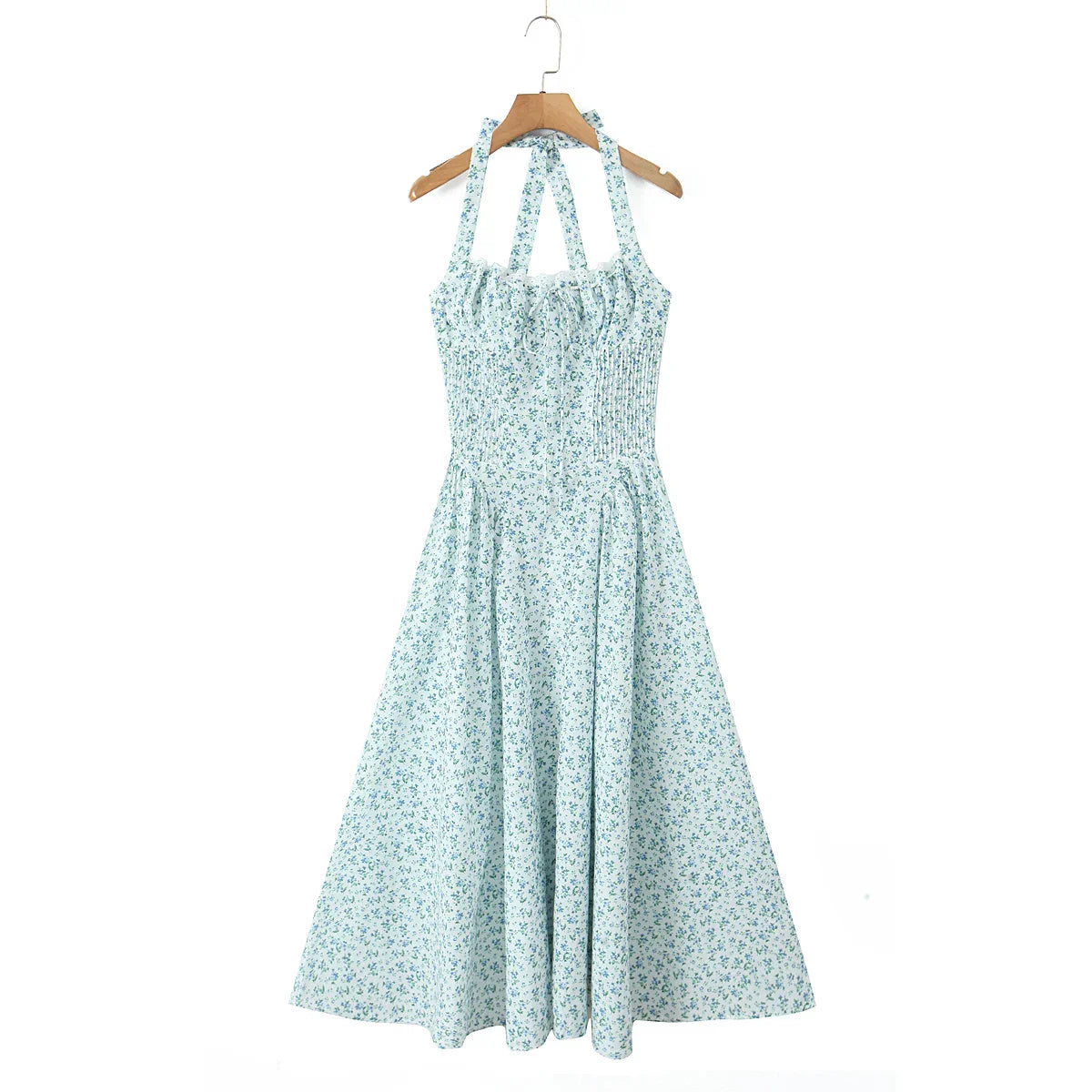 Floral Halter Neck Bow Fit and Flare Midi Dress