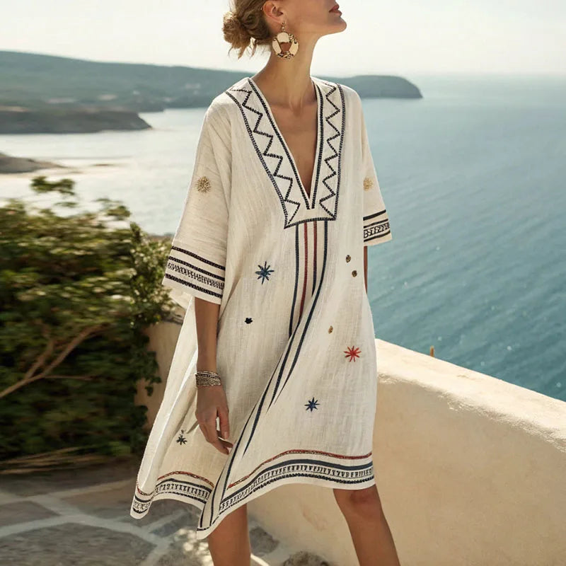 Embroidered Deep V-Neck Beach Cover Up Dress
