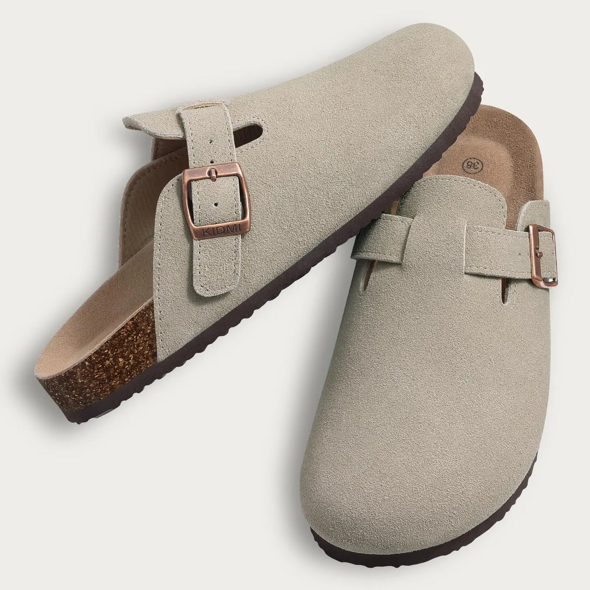 Round Toe Buckle Strap Suede Look Clog Mules