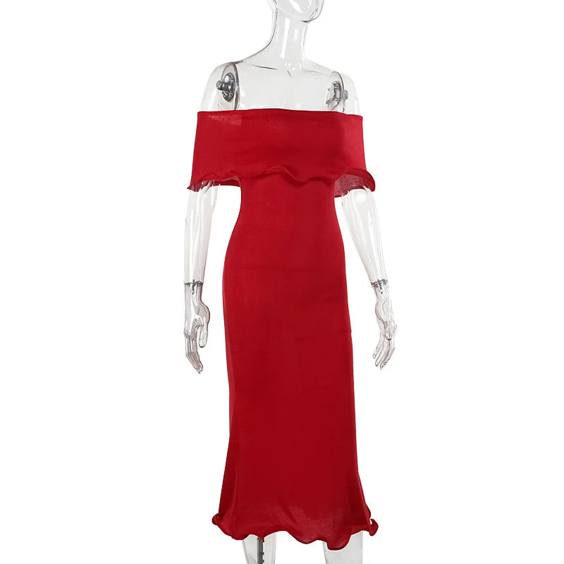 Off Shoulder Fold Over Knit Ruffle Hem Bodycon Midi Dress 7