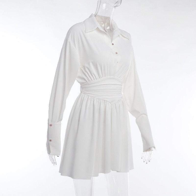 Deep V-Neck Shirt Collar Ruched Waist Bell Sleeve Mini Dress