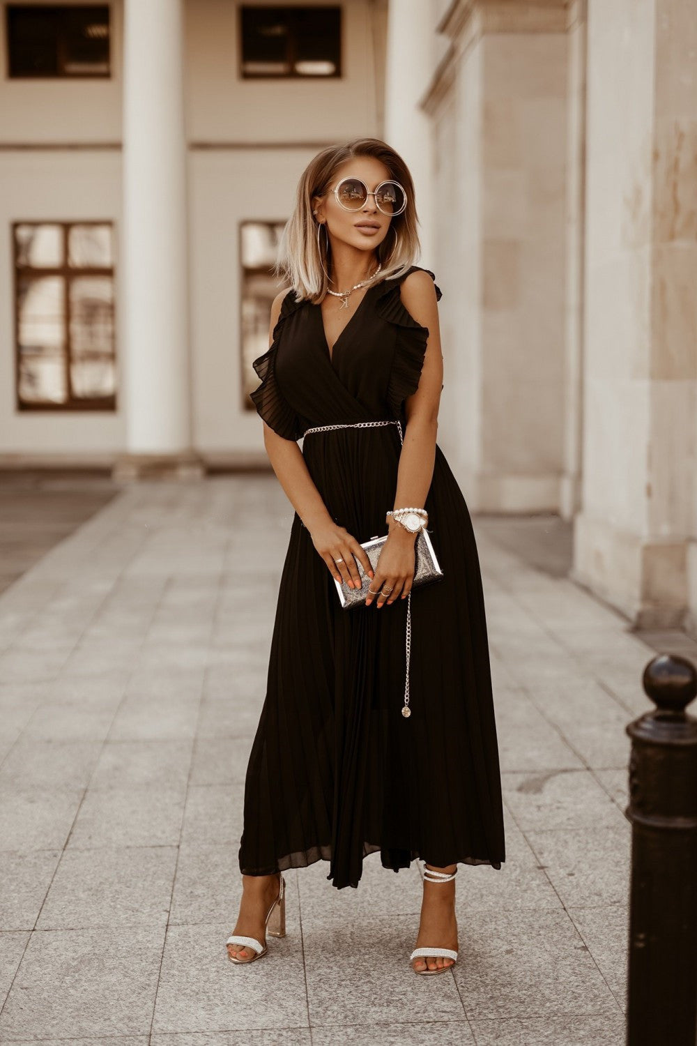 Pleated V-Neck Wrap Flutter Shoulder Tie Waist Accordion Pleated Maxi Dress