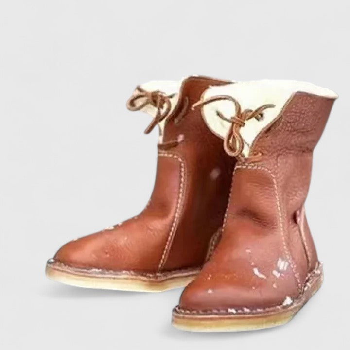 Fleece Cuff Lace Up Leather Ankle Boots