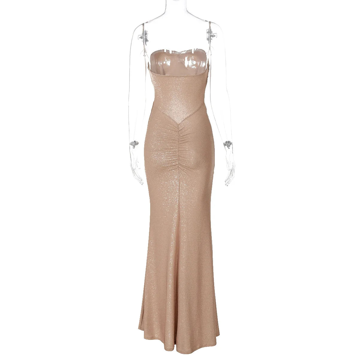 Metallic Strapless Ruched Twist Front Column Maxi Dress
