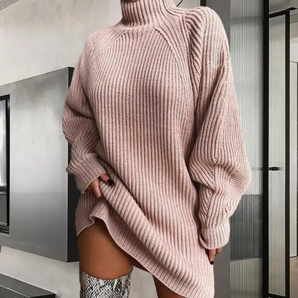 Turtleneck Long Sleeve Ribbed Sweater Dress