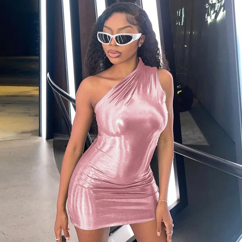 Metallic One Shoulder Irregular Mini Dress - View 6