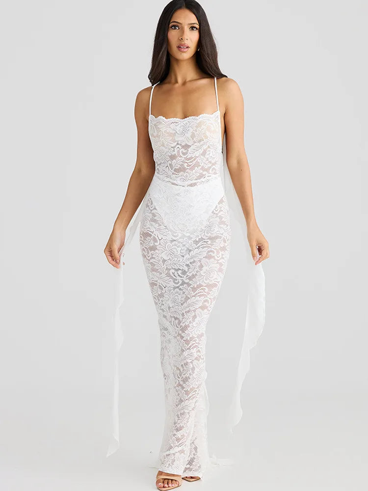 Floral Lace Backless Open Back Rosette Draped Train Maxi Gown