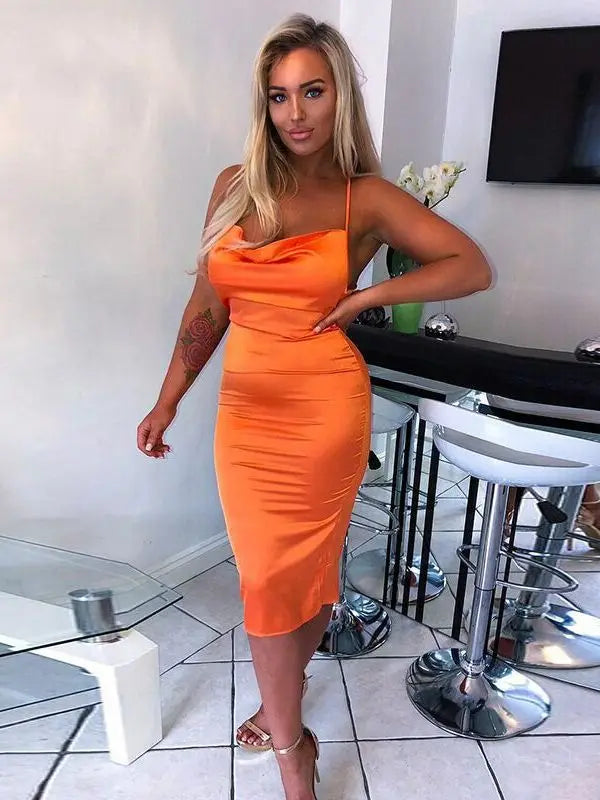 Neon Satin Lace Up Backless Midi Dress - View 8