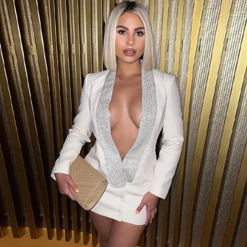Sequin Rhinestone Lapel Deep V-Neck Padded Shoulder Blazer Mini Dress
