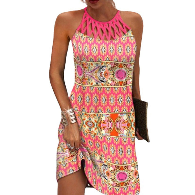 Halter Neck Tie Print A-Line Midi Dress - View 5
