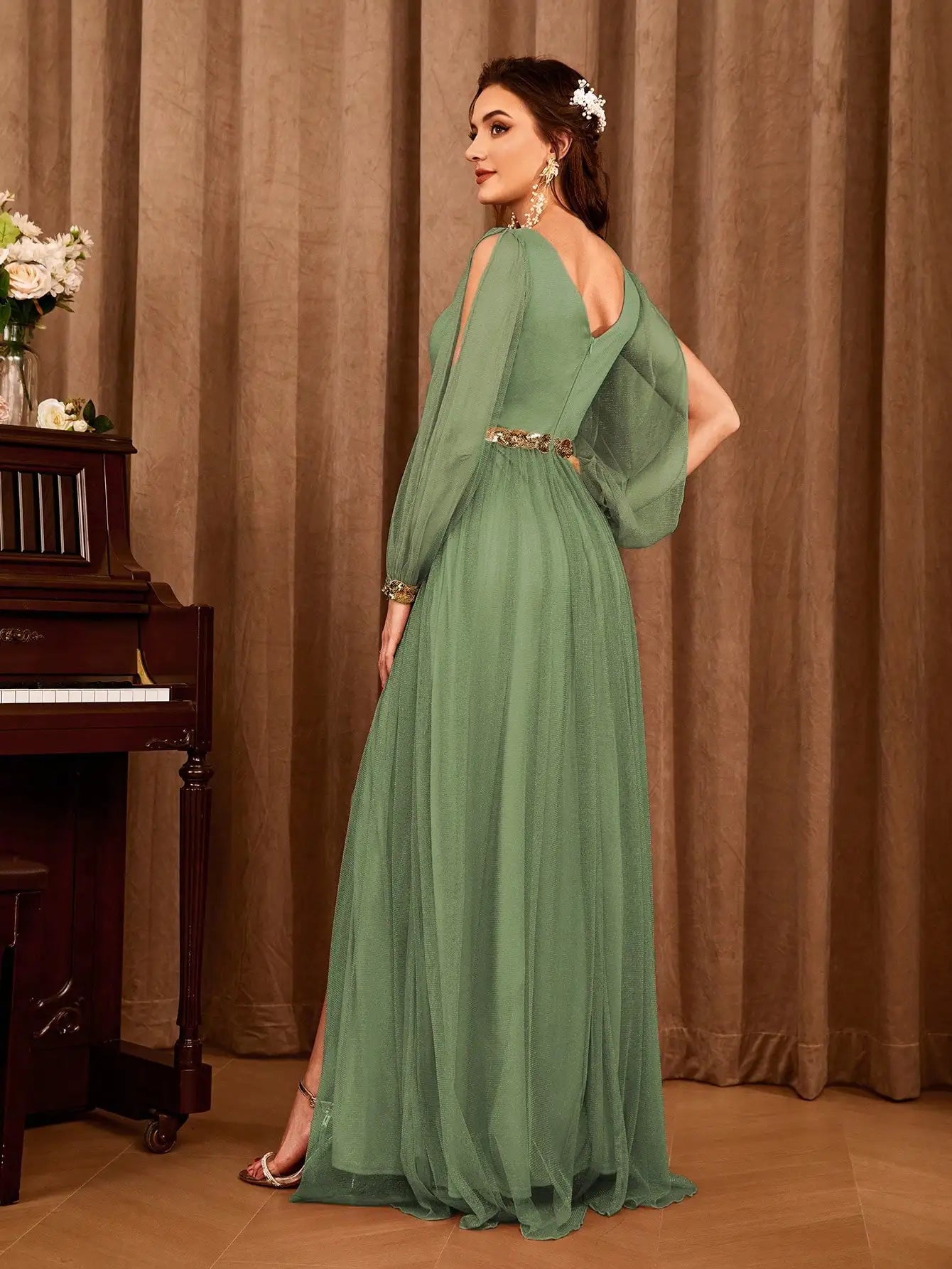 Gauze Applique Slit V-neck Maxi Dress