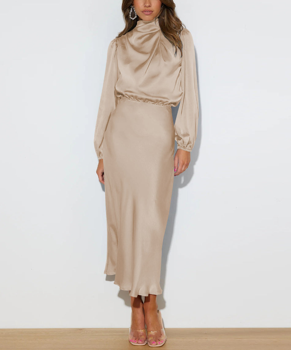Satin Mock Neck Blouson Long Sleeve Elastic Waist Midi Dress