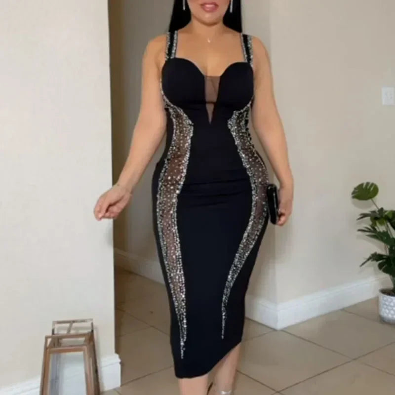 Diamond Patchwork Mesh Midi Dress - View 5