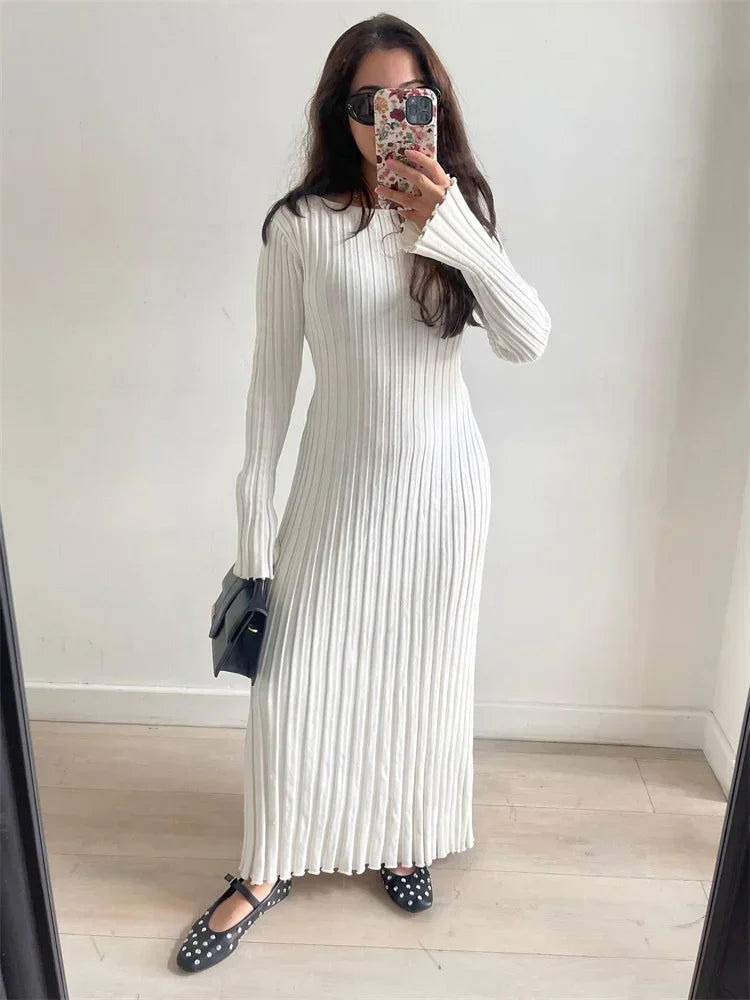 Ribbed Knit Mock Neck Bell Sleeve Bodycon Maxi Dress