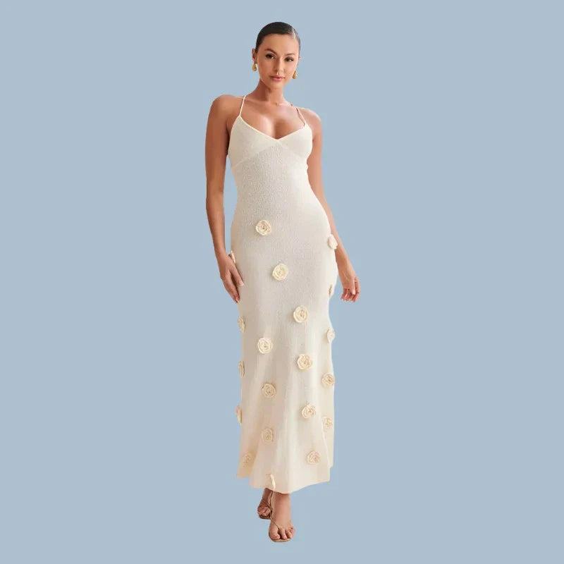 Knit V-Neck Spaghetti Strap Floral Applique Mermaid Maxi Dress