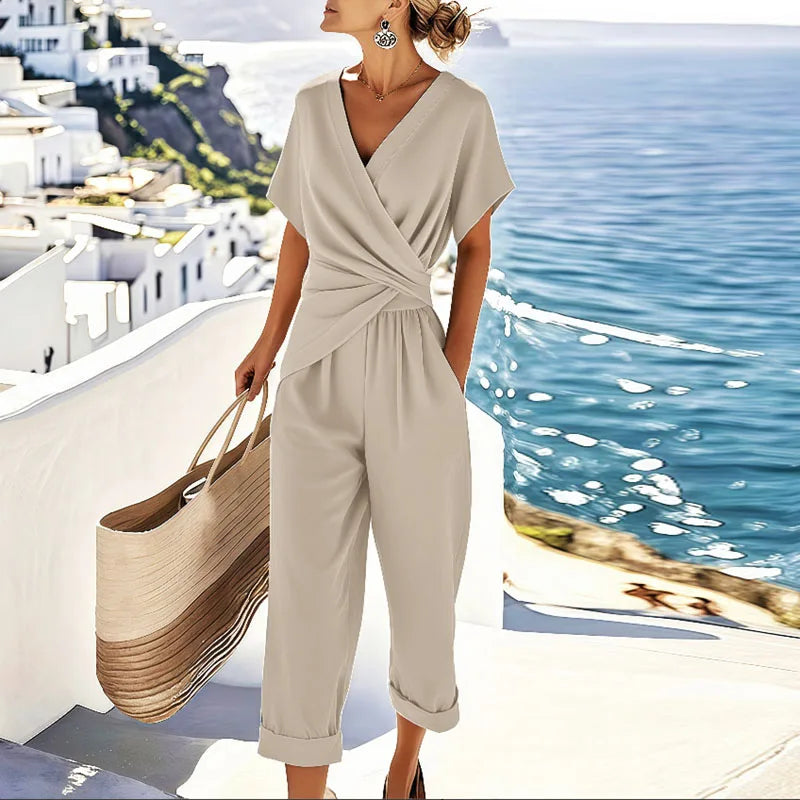 Wrap V-Neck Short Sleeve Twist Front Cropped Jumpsuit