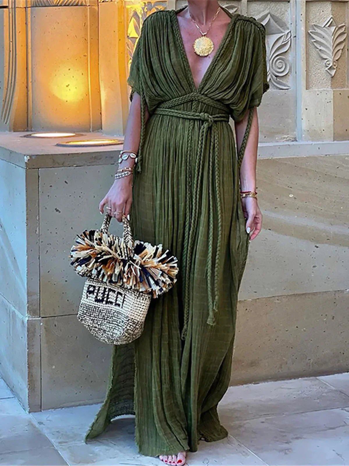 Braided Rope Trim One Shoulder Belted High Split Maxi Dress